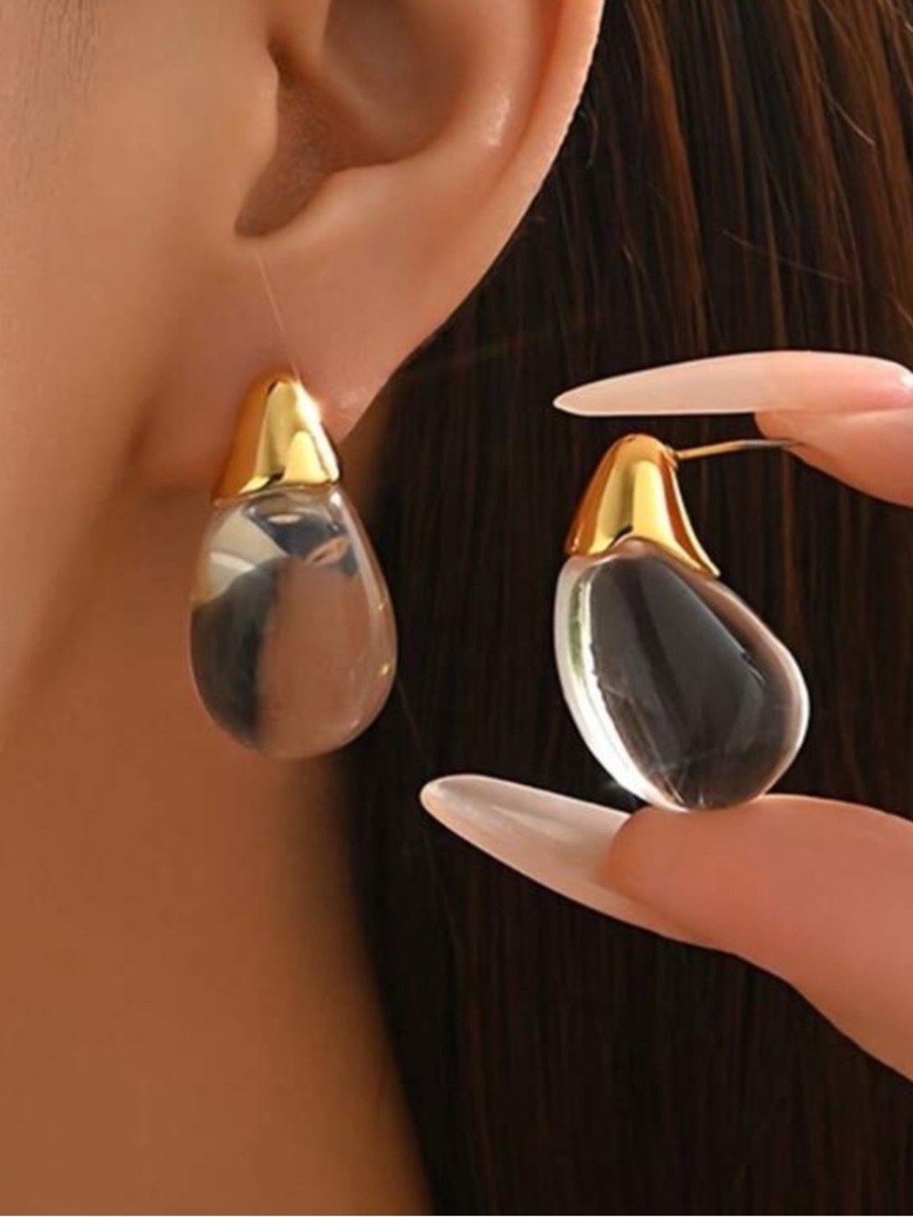 Clear Teardrop Earrings with Gold Tops - Picture 2 of 4
